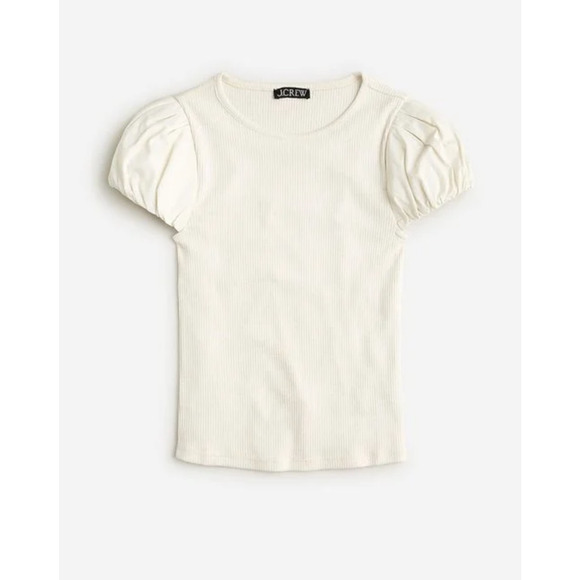 J. Crew Cotton Puff Sleeve Rib T-Shirt Cream Women's Small Cottage Preppy Office - Picture 1 of 10